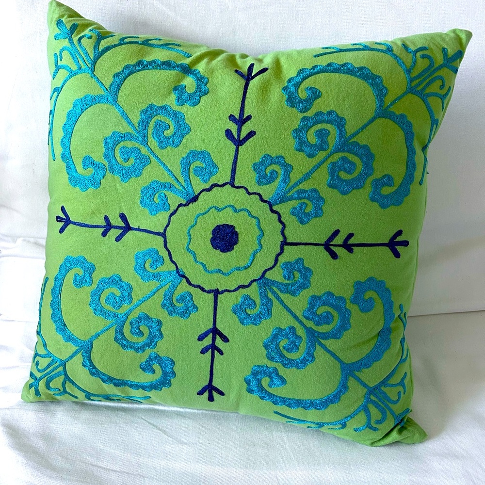 Green and Blue Embroidered Throw Pillow +